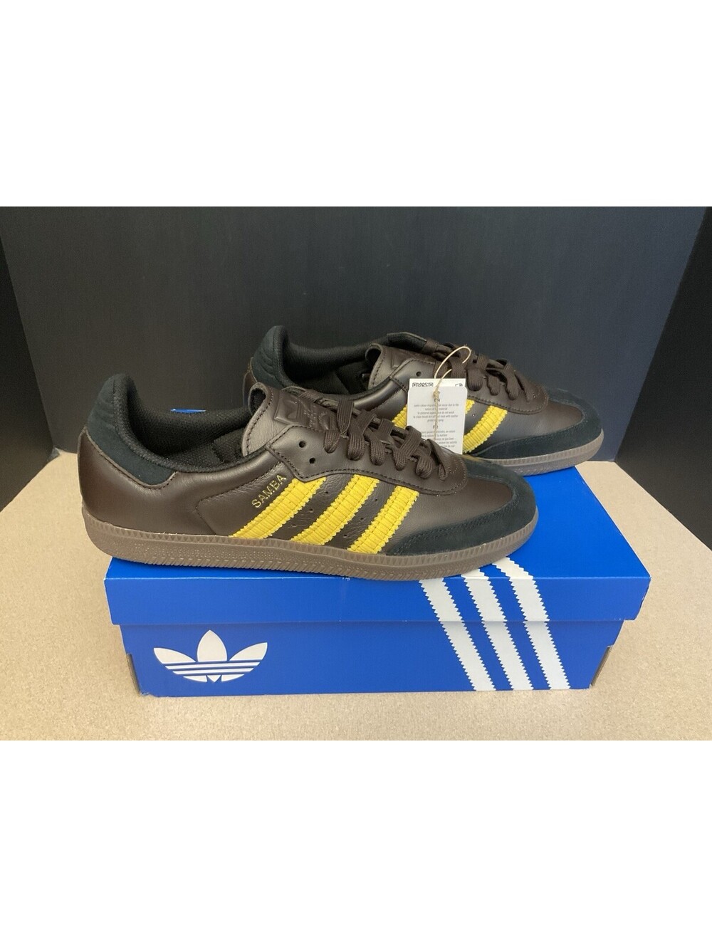 New! Men’s Adidas Originals Samba OG Aurora Coffee/EQT Yellow Shoes. Size 8.
